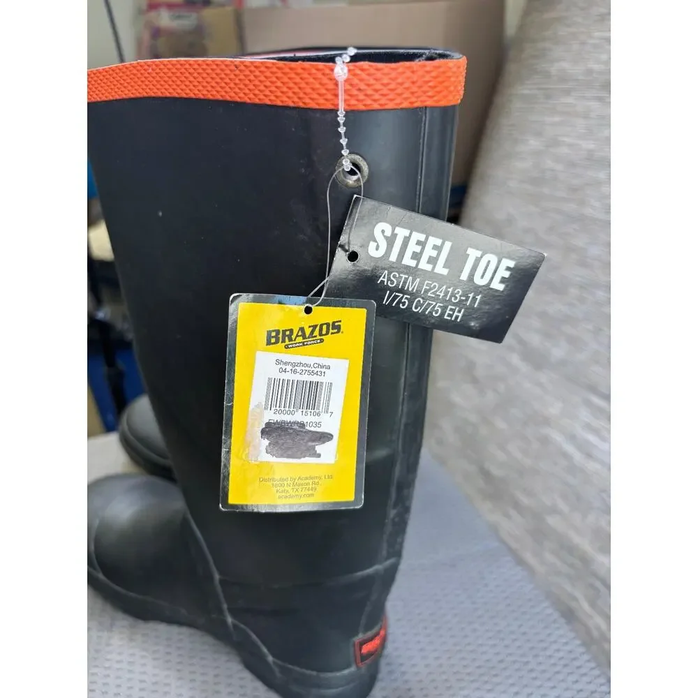 Brazos Waterproof Rain Work Steel Toe Boots Mens Size 10 Black FWBWRB1035 NEW